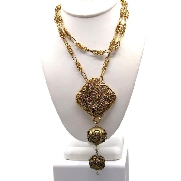 Vintage Etruscan Style Statement Necklace with Byzantine Chain and Crystal Accen - Picture 1 of 9
